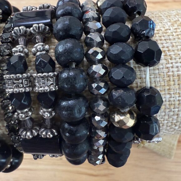 Black Beaded & Rhinestone Bracelet Stack Set Of 10 Stretchable For Wear Or Craft - Picture 7 of 10